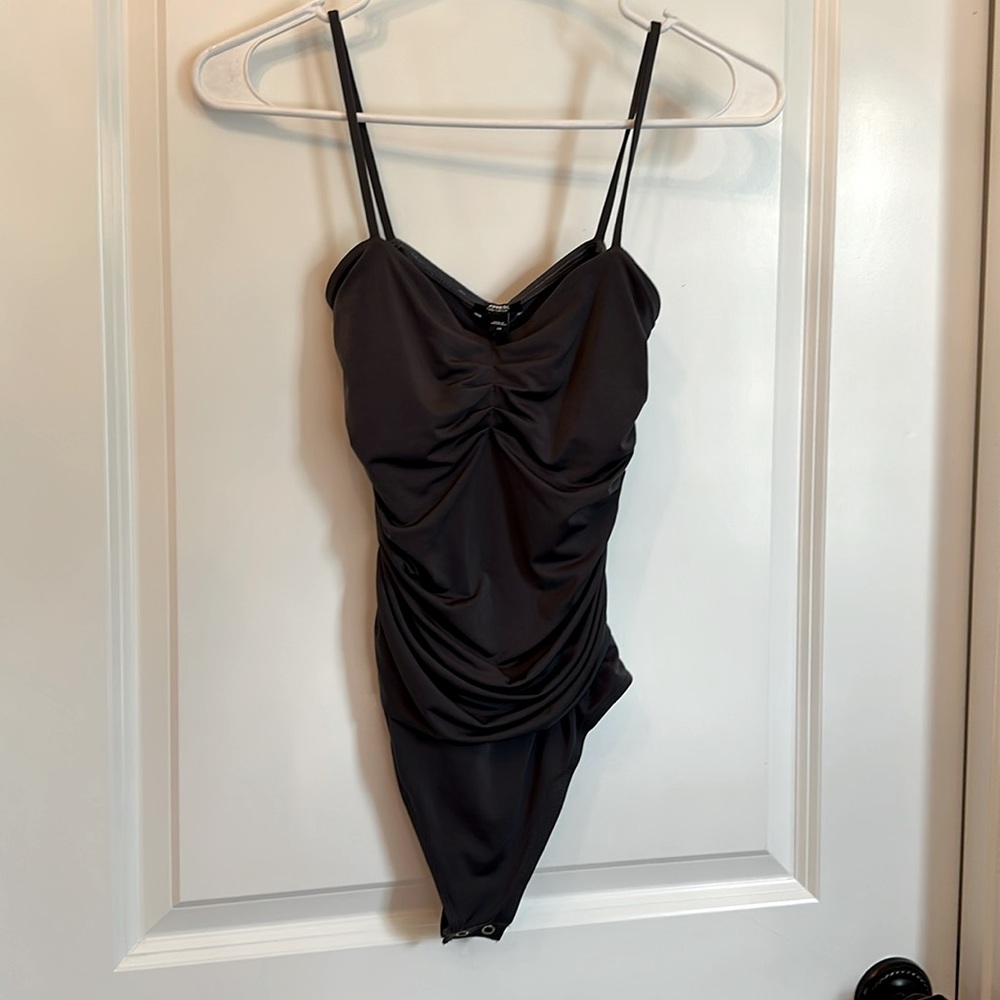 Charcoal Grey Express Bodysuit Ruched Dressy Top Women’s Size XS Body Contour
